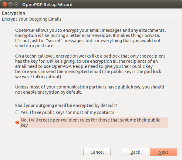 Choose to encrypt all messages or per recipient rules.